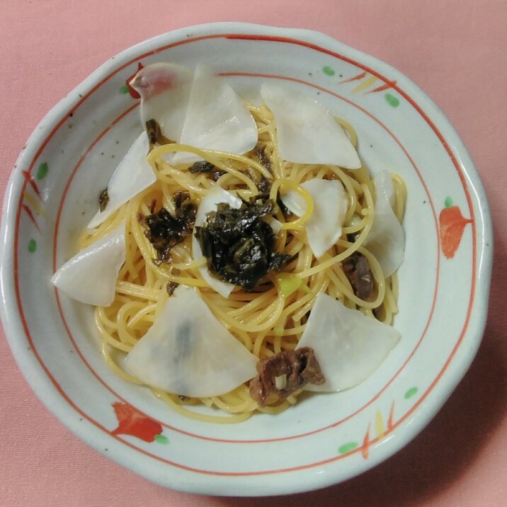 かぶと牛肉の高菜漬けパスタ